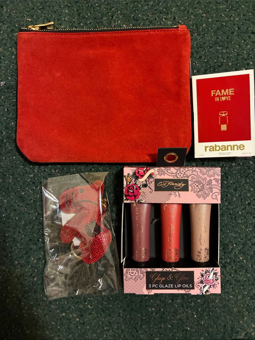 Balmain x H&M Suede Pouch with 3-Pc Ed Hardy Lip Oil 4 pc Beauty Bundle